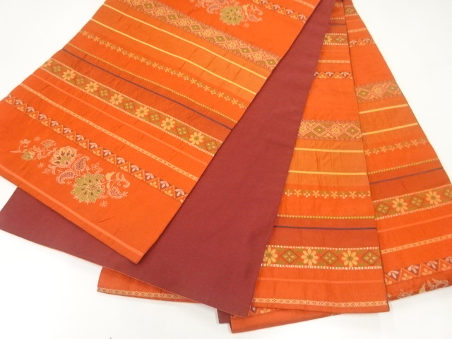 横段に草花模様織出し全通袋帯　洒落袋帯　ブラウン系 横段に草花模様織出し全通袋帯 洒落袋帯 ブラウン系 横段